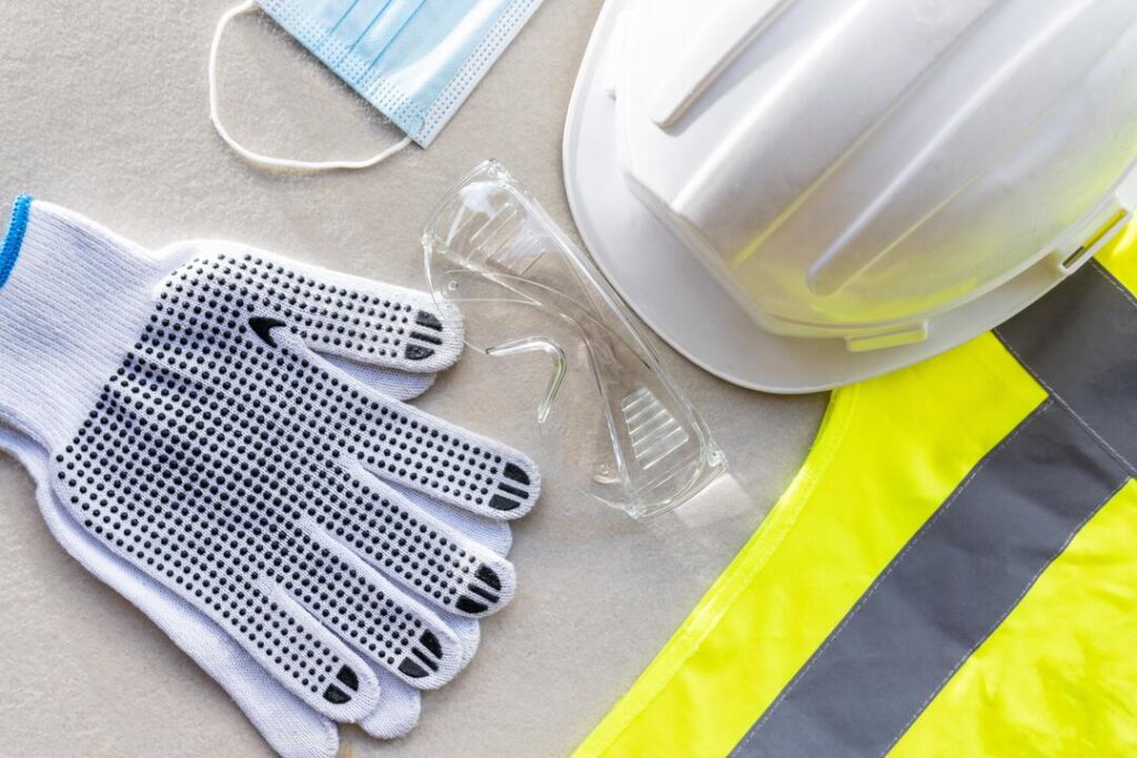 Na foto, observamos materiais de proteção típicos da industria que lida com a borracha atóxica, como luva, capacete e óculos.